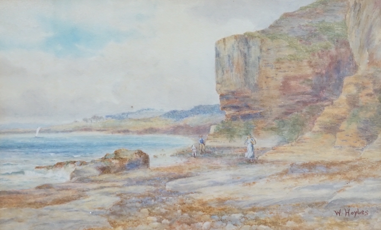 William R Hoyles (1870-1935) watercolour, coastal scene with figures, signed, details verso, 36cm x 24cm